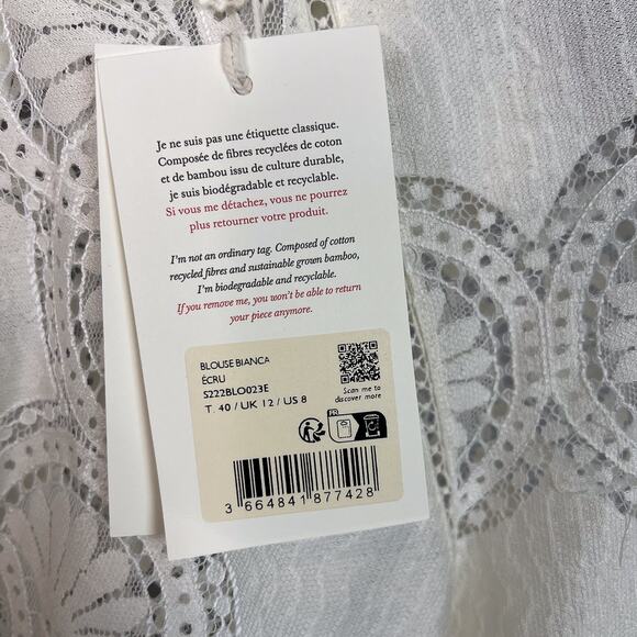 Sezane White Bianca 3/4 Sleeve Lace Blouse Size 40 Large - Picture 10 of 11